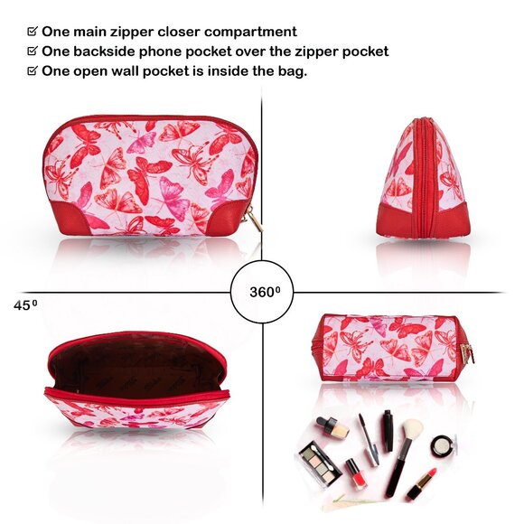 Printed Fabric Pink Cosmetic Pouch Bag for Women, Travel Case with Leather trim - Picture 4 of 8